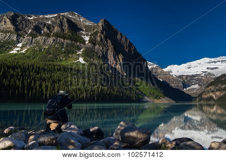 Nature Photographer Is Taking A Picture Of Lake Louise