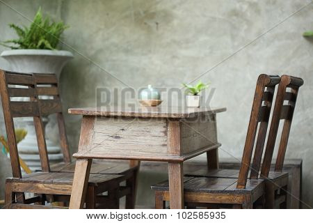 Set Of Wooden Table And Chair Decorated In Garden, Interior Of Cafe Coffee Shop With Natural