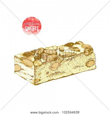 Hand drawn  nougat with nuts in color