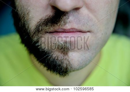 Closeup portraite man with half shaved face beard hair.