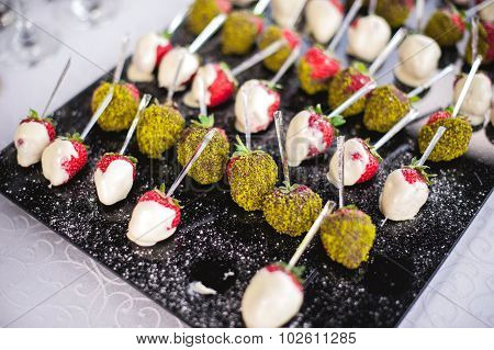 Mixed Fingerfood Canapes On Appetizer Table