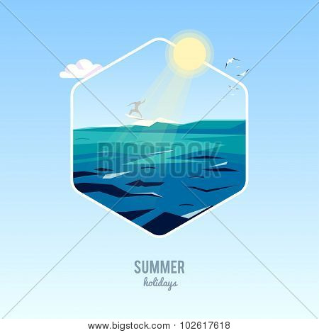 Vector summer holiday background with stylish typography. Surfer riding the waves. Beautiful summer