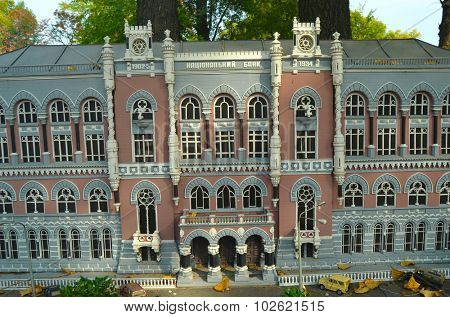 KIEV, UKRAINE - September 23, 2015: Entertaiment Park Ukraine in Miniature (Small scale Ukraine).National Bank of Ukraine.Real building constructed between 1902 and 1934.