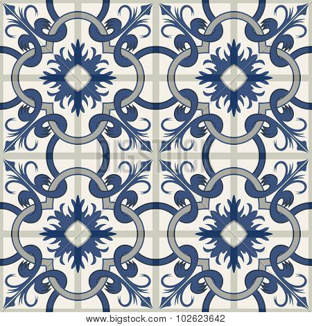 Gorgeous seamless patchwork pattern from dark blue and white Moroccan tiles, ornaments. Can be used