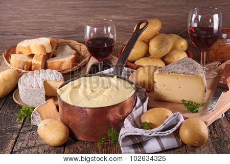 aligot, cheese,bread and wine