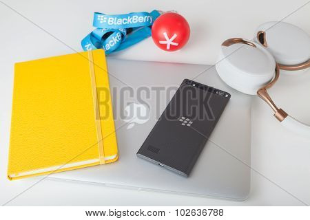 BlackBerry Leap smartphone and MacBook Pro Retina