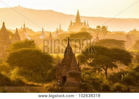 Warm sunset on the pagoda landscape in the plain of Bagan, Myanmar (Burma)