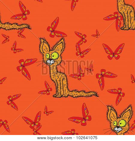 Seamless pattern with drawing cat and butterfly
