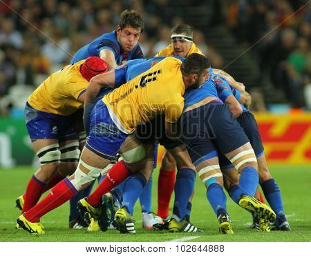 LONDON, ENGLAND - SEPTEMBER 23 2015 The 2015 Rugby World Cup Pool D match between France and Romania at The Stadium, Queen Elizabeth Park.