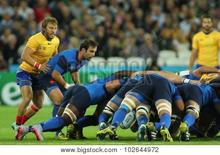 LONDON, ENGLAND - SEPTEMBER 23 2015 The 2015 Rugby World Cup Pool D match between France and Romania at The Stadium, Queen Elizabeth Olympic Park.