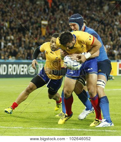 LONDON, ENGLAND - SEPTEMBER 23 2015 The 2015 Rugby World Cup Pool D match between France and Romania at The Stadium, Queen Elizabeth Olympic Park.