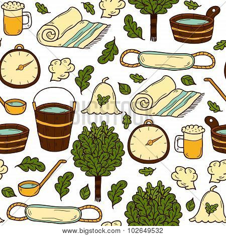 Vector seamless background with cartoon hand drawn sauna objects: broom, towel, hat, wisp, beer, ste