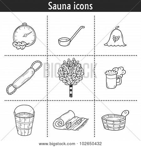 Set of hand drawn sauna icons: broom, towel, hat, wisp, beer, steam. Relaxation, health care or trea