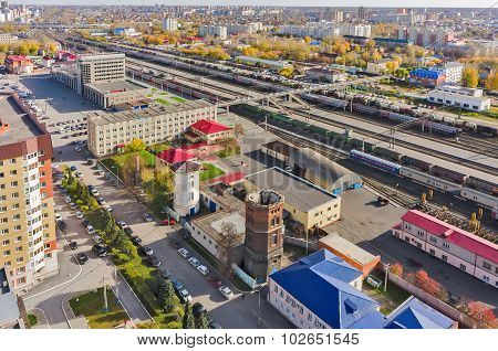 Aerial view onto railway station in Tyumen. Russia