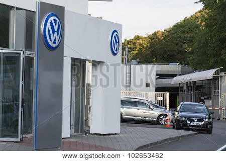 Volkswagen car maker logo on a building of czech dealership