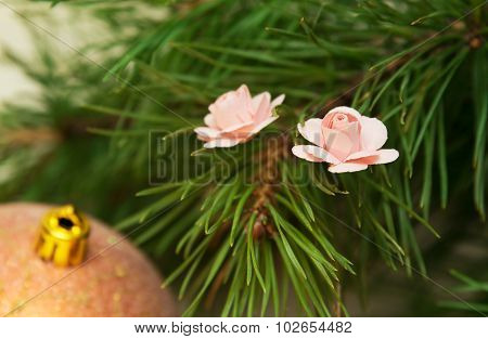 Small Pink Flowers On The Christmas Tree