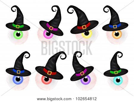 Set  Of  Halloween Spooky, Scary, Realistic Human Eyeball With Colorful Pupil, Iris In Wich Hat. Vec