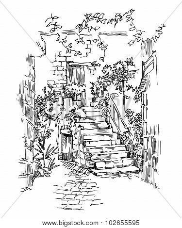 Hand made sketch of old street.