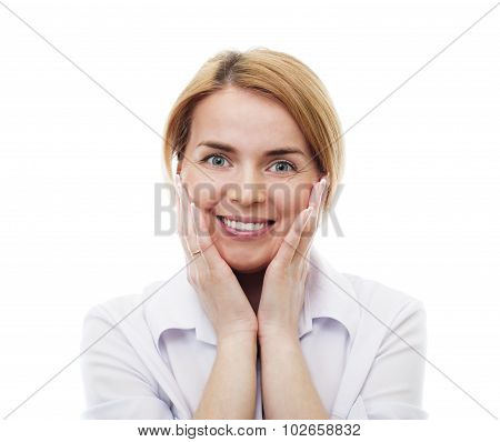 Portrait of cheerfully young woman isolated on white