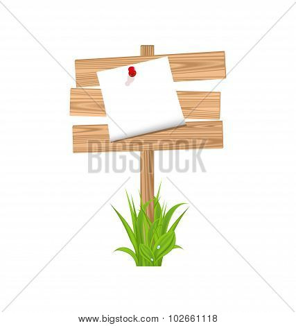 Wooden signpost with announcement, grass