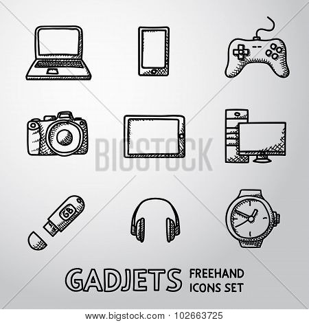 Set of handdrawn GADGET icons with - notebook, phone, gamepad, photo camera, tablet, pc, flash card,