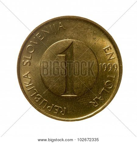 Coin One Tollar Slovenia Isolated On A White Background. Top View