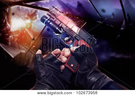 First person view hand in black leather gloves holding a futuristic fantasy neon recharging handgun with clip and neon red, blue indicators.