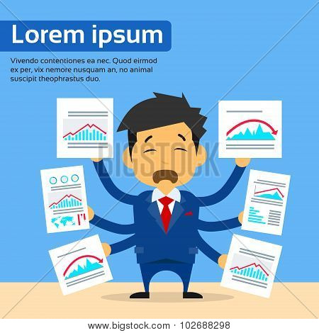 Businessman Many Hands Hold Financial Paper Documents Red Negative Trend Graph Arrow Down Charts, Co