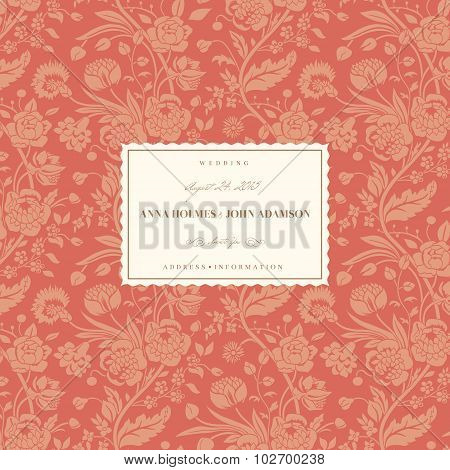 Coral wedding card with vintage flower bouquets carnations and chrysanthemums