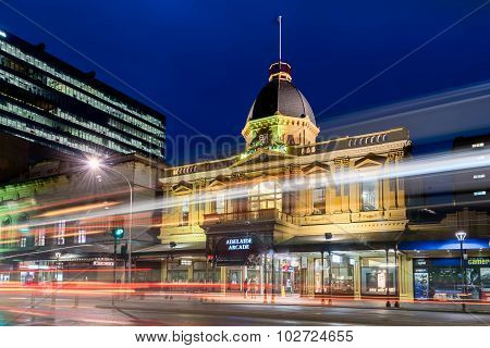 Adelaide Arcade building at night