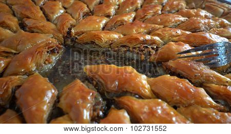 Picture of a Homemade turkish baklava with walnits