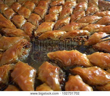 Picture of a Homemade turkish baklava with walnits
