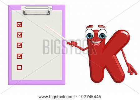 Cartoon Character Of Alphabet K With Notepad