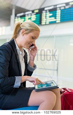 a business woman with her cell phone and a tablet computer at an airport. mobility and communication in business. roaming charges when abroad.