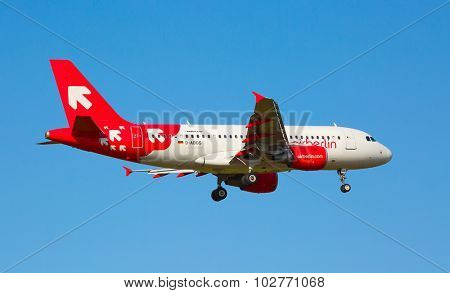 ZURICH - JULY 18: Airbus A-319 Air Berlin landing in Zurich airport on July 18, 2015 in Zurich, Switzerland. Zurich airport is home port for Swiss Air and one of the biggest european hubs.
