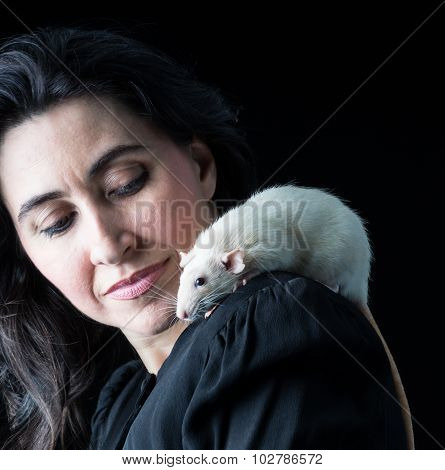 Woman In Black With White Rat