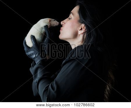 Woman In Black With White Rat