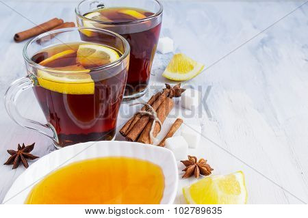 Honey Tea With Lemon And Cinnamon. Winter Still Life
