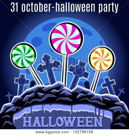 Halloween Party Design Template For Poster. Candy On The Cemetery. Vector.