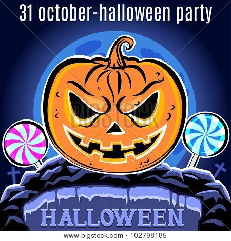 Pumpkin On The Cemetery. Halloween Party Design Template For Poster. Vector.