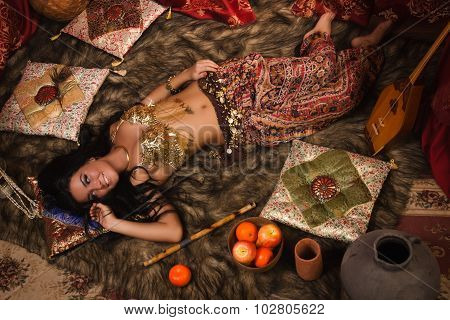 Beautiful Belly Dancer In The Arabic Harem Interior