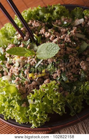 Laab Thai Salad Of Minced Meat With Herbs Close-up. Vertical