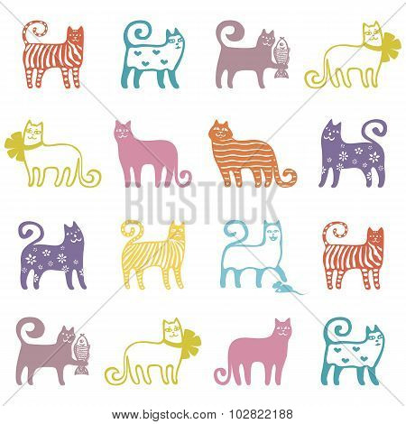 Seamless Cute Cat Pattern Vector Illustration