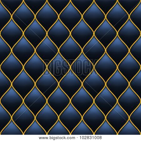Dark Deep Blue with Gold Quilted Leather Seamless Background. Vector