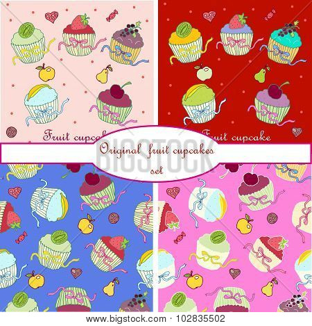Big vector set with fruit cupcakes for food and scrapbooking design