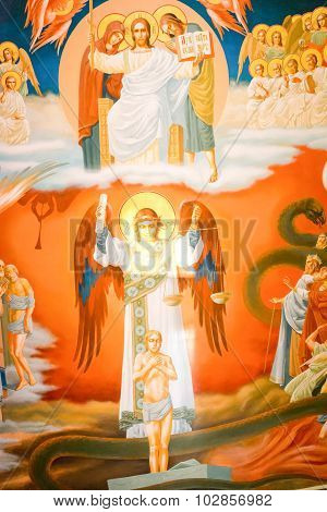 Izhevsk, Russia - September 16, 2015: Old Religious Painting Of The Ceiling Of The Saint Michael's C