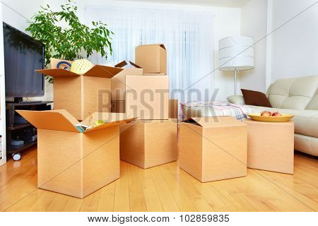 Moving boxes in new apartment. Real estate concept.