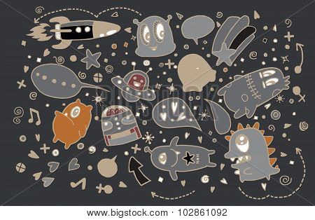 Hand Drawn Aliens And Monsters Cartoon Doodle