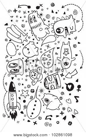 Hand Drawn Aliens And Monsters Cartoon Doodle