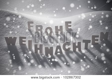 White Frohe Weihnachten Mean Merry Christmas On Snow, Snowflakes